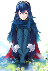 Rule 34 | 1girl, ameno (a meno0), blue eyes, blue gloves, blue hair, blue pants, blue shirt, blurry, blurry foreground, cape, character name, closed mouth, commentary, daisy, dated, elbow gloves, fingerless gloves, fire emblem, fire emblem awakening, flower, full body, gloves, gold hairband, hair between eyes, hairband, happy birthday, holding, holding flower, knees to chest, legs together, light smile, long hair, lucina (fire emblem), nintendo, own hands together, pants, shirt, sidelocks, sitting, solo, symbol in eye, tiara, wavy hair