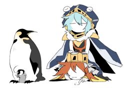 Rule 34 | bird, blue hair, blue headwear, closed eyes, closed mouth, colored skin, crown, helmet, len&#039;en, light blue hair, ling s, long sleeves, moritake medias, no eyes, no mouth, no nose, ooya kunimitsu, other focus, penguin, red hair, shirt, short hair, simple background, sketch, white background, white skin, yellow shirt