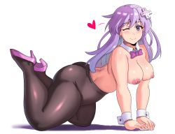 Rule 34 | 1girl, absurdres, ass, blush, bow, bowtie, breasts, d-pad, d-pad hair ornament, hair ornament, heart, high heels, highres, huge ass, large breasts, leotard, long hair, looking at viewer, nepgear, neptune (series), nipples, one eye closed, pantyhose, playboy bunny, plump, purple eyes, purple hair, smile, smle, solo, thick thighs, thighs, topless, white background, wink, wrist cuffs, ytrall