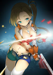 Rule 34 | 1girl, aqua eyes, bare shoulders, blonde hair, breasts, breasts out, calamity jane (fate), censored, censored nipples, convenient censoring, earrings, fate/grand order, fate (series), fingerless gloves, gloves, gun, holding, holding gun, holding weapon, jewelry, light censor, long hair, medium breasts, parted lips, shorts, side ponytail, solo, star (symbol), star tattoo, tattoo, thighhighs, torn clothes, weapon