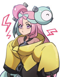 Rule 34 | 1girl, blue hair, character hair ornament, commentary request, creatures (company), echizen (n fns17), game freak, hair ornament, highres, iono (pokemon), jacket, lightning bolt symbol, long hair, long sleeves, looking at viewer, multicolored hair, nintendo, o3o, oversized clothes, pink eyes, pink hair, pokemon, pokemon sv, simple background, sleeves past fingers, sleeves past wrists, solo, two-tone hair, white background, yellow jacket
