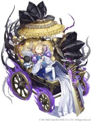 Rule 34 | 1girl, absurdres, blonde hair, briar rose (sinoalice), cosplay, closed eyes, full body, fur trim, highres, ji no, kaguya (sinoalice), kaguya (sinoalice) (cosplay), official art, parasol, pillow, polearm, sinoalice, skull, sleeping, solo, square enix, stroller, stuffed toy, thorns, umbrella, weapon, white background, wide sleeves