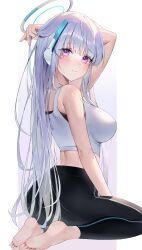 Rule 34 | 1girl, absurdres, blue archive, highres, knowa, long hair, looking at viewer, noa (blue archive), pants, purple eyes, sleeveless, smile, solo, white hair