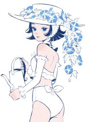 Rule 34 | 1girl, 444 tn, ass, bikini, black hair, blue eyes, blue flower, expressionless, flower, freckles, hat, highres, looking at viewer, morning glory, original, short hair, simple background, solo, swimsuit, watering can, white background, white bikini, white hat, white sleeves