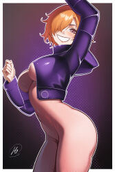 Rule 34 | 1girl, arm up, ass, blush, bodysuit, breasts, covered navel, cowboy shot, curvy, dithered background, dithering, grin, hair over one eye, highres, ho haiiro, jacket, large breasts, looking at viewer, one piece, orange hair, outside border, pink bodysuit, pink eyes, short hair, smile, solo, vegapunk lilith, wide hips