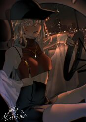 Rule 34 | 1girl, absurdres, alternate costume, aqua eyes, aupt31, baseball cap, bismarck (kancolle), black hat, black skirt, blonde hair, bralines, breasts, building, car interior, city lights, commission, crop top, hair between eyes, hat, highres, jewelry, kantai collection, long hair, looking at viewer, medium breasts, midriff, nail polish, navel, necklace, night, open mouth, pencil skirt, second-party source, sitting, skeb commission, skirt, solo, steering wheel, turtleneck
