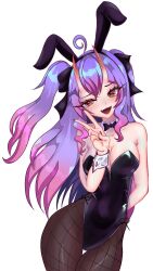 Rule 34 | 1girl, 2023, ahoge, animal ears, artist request, bad tag, breasts, cleavage, ecchigf, fake animal ears, fake rabbit ears, female focus, horns, indie virtual youtuber, kamihoshi project, leotard, looking at viewer, oni, oni female, open mouth, playboy bunny, purple hair, red eyes, simple background, solo, syd (ecchigf), twintails, v, virtual youtuber, white background