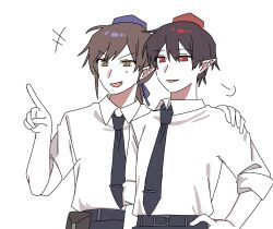 Rule 34 | 2boys, belt, black necktie, brown eyes, collared shirt, commentary request, fang, genderswap, genderswap (ftm), hand on another&#039;s shoulder, hat, highres, himekaidou hatate, male focus, multiple boys, necktie, no wings, open mouth, pointing, pointy ears, purple hat, red eyes, red hat, sakic43899, shameimaru aya, shirt, short hair, smile, tokin hat, touhou, white shirt