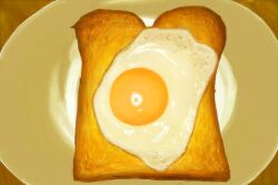 Rule 34 | bread slice, food, food focus, fried egg, fried egg on toast, no humans, original, plate, reflection, still life, toast, yu-rinosaurusu