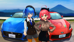 Rule 34 | 2girls, :d, ahoge, alternate costume, beret, black bow, black choker, black headwear, black skirt, black vest, blue bow, blue bowtie, blue hair, blue ribbon, blush, bow, bowtie, brown shirt, car, choker, collared shirt, commentary request, day, fake horns, flower, glasses, green eyes, grey shorts, hair between eyes, hair bow, hair flower, hair ornament, hair ribbon, hands on own hips, hat, highres, hololive, horned headwear, horns, hoshimachi suisei, jaguar (car), jaguar f-type, long hair, long sleeves, looking at viewer, motor vehicle, multiple girls, open mouth, orange pantyhose, outdoors, pantyhose, plaid headwear, purple eyes, red hair, ribbon, sakura miko, shirt, shorts, skirt, smile, sports car, standing, star (symbol), star in eye, symbol in eye, toyota, toyota gr86, twintails, vehicle focus, vest, virtual youtuber, white shirt, you&#039;a