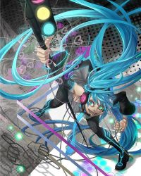 Rule 34 | 1girl, aqua eyes, aqua hair, boots, crazy eyes, detached sleeves, female focus, full body, grin, halftone, halftone background, hatsune miku, headphones, headset, long hair, nyoro ri, smile, solo, thigh boots, thighhighs, twintails, ura-omote lovers (vocaloid), vocaloid, zettai ryouiki