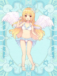 Rule 34 | 1girl, :d, astra dewprism, barefoot, bikini, blonde hair, blue background, feathered wings, flower, frilled bikini, frills, full body, hair flower, hair ornament, hand up, jewelry, kerberos blade, long hair, looking at viewer, open mouth, red eyes, see-through, smile, solo, standing, swimsuit, very long hair, white bikini, white wings, wings, wristband
