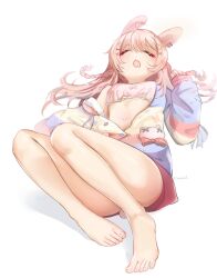 Rule 34 | 1girl, absurdres, animal ears, bare legs, barefoot, blush, bra, braid, breasts, closed eyes, convenient leg, eyelashes, feet, full body, hair between eyes, hair ornament, hand up, highres, legs, long hair, long sleeves, lying, navel, off shoulder, on back, open clothes, open mouth, open shirt, partially unbuttoned, phase connect, pink bra, pink hair, pipkin pippa, pipkin pippa (1st costume), rabbit girl, rabbit tail, red shorts, shiny skin, shorts, sidelocks, simple background, sleeping, sleeves past wrists, small breasts, sobbi11, solo, swept bangs, tail, thighs, toenails, toes, twitter username, underwear, virtual youtuber, white background