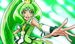 Rule 34 | 10s, 1girl, bad id, bad pixiv id, bow, bowtie, brooch, cure march, derivative work, funanaga nemoro, green background, green eyes, green hair, green skirt, green theme, jewelry, long hair, magical girl, matching hair/eyes, midorikawa nao, outstretched hand, ponytail, precure, skirt, smile, smile precure!, solo, tri tails, wrist cuffs