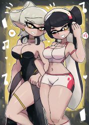Rule 34 | 2girls, absurdres, armband, black background, black hair, black leotard, blush, breasts, callie (splatoon), cephalopod eyes, choker, cleavage, collarbone, cousins, cross-shaped pupils, earrings, grey hair, grin, headphones, headphones around neck, heart, highres, inkling, jewelry, kneehighs, large breasts, leotard, locked arms, long hair, looking at viewer, marie (splatoon), midriff, mole, mole under eye, multiple girls, musical note, navel, nintendo, one eye closed, pointy ears, shirt, short hair, shorts, showgirl skirt, smile, socks, sparkle, speech bubble, splatoon (series), spoken heart, spoken musical note, squid girl, standing, symbol-shaped pupils, tank top, teeth, tentacle hair, tentacles, thick thighs, thigh strap, thighs, tony welt, twintails, white shirt, white shorts, white socks, wide hips, wink, yellow eyes