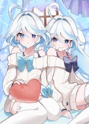 Rule 34 | 2girls, alternate costume, black bra, blue bow, blue bowtie, blue eyes, blue hair, blush, bow, bowtie, bra, chaena (exmd3552), closed mouth, furina (genshin impact), genshin impact, hair between eyes, heart, heart-shaped pillow, heterochromia, highres, long hair, long sleeves, looking at viewer, multicolored hair, multiple girls, pillow, purple eyes, smile, sweater, thighhighs, underwear, white hair, white sweater, white thighhighs