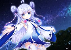 Rule 34 | 1girl, :d, ahoge, blue bow, blue dress, blue eyes, bow, bowtie, cowboy shot, detached sleeves, dress, flower, flower knight girl, gradient dress, hair bow, hair flower, hair ornament, hair rings, highres, konnyaku (kohoshien), long hair, looking at viewer, night, open mouth, outdoors, outstretched arms, signature, sky, smile, solo, spread arms, star (sky), starry sky, sutera (flower knight girl), thighhighs, white dress, white hair, white sleeves, white thighhighs