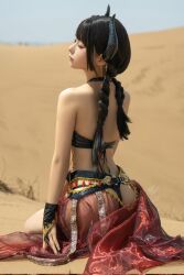Rule 34 | 1girl, asian, ass, black hair, black horns, chinese (nationality), chunmomo0127, closed eyes, closed mouth, cosplay, cosplay photo, desert, fake horns, from behind, highres, horns, jewelry, medium hair, outdoors, photo (medium), real life, sand, shoulder, sitting