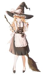 Rule 34 | 1girl, absurdres, apron, arm behind back, belt, black dress, black footwear, blonde hair, bow, braid, broom, dress, embellished costume, hair bow, hajin, hat, hat bow, highres, holding, holding own hair, kirisame marisa, leaning forward, long sleeves, looking at viewer, necktie, parted lips, red bow, shoes, side braid, single braid, smile, solo, striped necktie, striped neckwear, touhou, waist apron, white bow, witch hat, yellow eyes