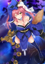 Rule 34 | 1girl, absurdres, animal ears, blue thighhighs, blush, breasts, cleavage, closed mouth, detached sleeves, fate/grand order, fate (series), fox ears, fox tail, highres, large breasts, long hair, looking at viewer, one eye closed, pink hair, smile, solo, suiroh (shideoukami), tail, tamamo (fate), tamamo no mae (fate/extra), thighhighs, yellow eyes