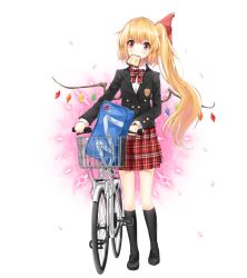 Rule 34 | 1girl, badge, bag, bicycle, black legwear, blonde hair, bow, bowtie, bread slice, commentary request, flandre scarlet, food, food in mouth, fuente, full body, hair ribbon, long hair, mouth hold, patterned background, petals, plaid, plaid bow, plaid bowtie, plaid neckwear, plaid skirt, red eyes, ribbon, school uniform, side ponytail, skirt, solo, toast, toast in mouth, touhou, transparent background, wings