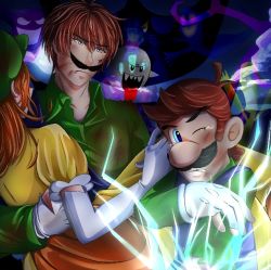 Rule 34 | 1boy, 1girl, blood, boo (mario), brown hair, carrying, collared shirt, dress, facial hair, frown, ghost, gloves, hat, holding, lightning, luigi, luigi&#039;s mansion, mario (series), mustache, nintendo, one eye closed, orange dress, princess carry, princess daisy, puffy short sleeves, puffy sleeves, shirt, short sleeves, super mario bros. 1, super mario land, tears, tongue, tongue out