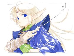 Rule 34 | 1girl, ahoge, armor, blonde hair, blouse, blue eyes, cape, circlet, deedlit, elf, female focus, green shirt, long hair, pointy ears, portrait, record of lodoss war, shirt, simple background, smile, solo, sumi keiichi, traditional media, white background
