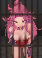 Rule 34 | 1girl, amekosame, angela (seiken densetsu 3), bare shoulders, breasts, cleavage, collarbone, commentary request, earrings, gloves, green eyes, jewelry, large breasts, leotard, leotard pull, long hair, looking at viewer, medium breasts, nipples, pointy ears, purple hair, red leotard, seiken densetsu, seiken densetsu 3, smile, solo, tongue, tongue out