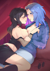 Rule 34 | 2girls, after kiss, alternate costume, black hair, black shirt, black shorts, blue eyes, blue hair, blush, breast press, breasts, closed eyes, commentary, commission, english commentary, unworn eyewear, from side, highres, hood, hoodie, houjuu nue, iris ffxiv, kumoi ichirin, large breasts, long hair, looking at another, lying on person, medium hair, midriff, multiple girls, off shoulder, open clothes, open hoodie, open mouth, saliva, saliva trail, shirt, shorts, sideboob, symmetrical docking, touhou, unzipped, yuri