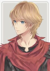 Rule 34 | 1boy, black shirt, blonde hair, blue eyes, border, closed mouth, facing to the side, final fantasy, final fantasy xvi, fringe trim, grey background, hair between eyes, highres, joshua rosfield, looking to the side, male focus, medium hair, portrait, quichi 91, red scarf, scarf, shirt, solo, wavy hair