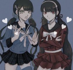 Rule 34 | 2girls, bad perspective, bell, black hair, black ribbon, black skirt, blunt bangs, bow, breasts, brown eyes, brown hair, buttons, chabashira tenko, chabashira tenko (cosplay), collarbone, contrapposto, cosplay, costume switch, crossed arms, danganronpa (series), danganronpa v3: killing harmony, double-breasted, foreshortening, grey choker, hair ornament, hair ribbon, hairband, hairclip, hands up, harukawa maki, harukawa maki (cosplay), heart, highres, layered skirt, long hair, long sleeves, low twintails, midriff, mole, mole under eye, mole under mouth, multiple girls, neck bell, plaid, plaid skirt, red eyes, red skirt, ribbon, school uniform, sema (vivaviva 02), skirt, sleeves past elbows, small breasts, thighhighs, twintails, white bow, zettai ryouiki