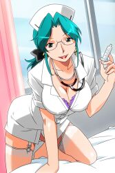 aqua_eyes aqua_hair bed bra bra_peek breasts cleavage curtains day earrings fishnet_thighhighs fishnets garter_straps glasses hat holding holding_syringe indoors jewelry large_breasts leaning_forward lipstick long_hair looking_at_viewer makeup mature_female non-web_source nurse nurse_cap official_art open_mouth photoshop_(medium) ponytail randou_serika red_lips rimless_eyewear round_eyewear short_sleeves stethoscope super_real_mahjong syringe tanaka_ryou thighhighs underwear window