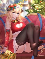 Rule 34 | 1girl, absurdres, alternate costume, arknights, bare shoulders, bell, black thighhighs, blonde hair, blue eyes, blue hairband, blush, bow, bowtie, box, braid, breasts, christmas, christmas tree, cleavage, cleavage cutout, closed mouth, clothing cutout, couch, detached sleeves, dragon horns, feet, frilled skirt, frills, fur-trimmed skirt, fur-trimmed sleeves, fur trim, garter straps, gift, gift box, green bow, green bowtie, hair bow, hairband, heart cutout, highres, horns, large breasts, lingshalan, long hair, long sleeves, looking at viewer, miniskirt, neck bell, no shoes, on couch, panties, pantyshot, red skirt, saileach (arknights), sitting, skirt, smile, snowflakes, solo, thighhighs, twin braids, underwear, upskirt, very long hair, white panties