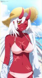 Rule 34 | 1girl, ;o, absurdres, akumi (yoclesh), artist name, beach, bikini, blue sky, blush, breasts, cloud, colored skin, day, eijiru, facial scar, hat, highres, horns, large breasts, long hair, looking at viewer, ocean, one eye closed, oni, oni horns, pointy ears, red horns, red skin, scar, scar on breasts, scar on cheek, scar on face, scar on stomach, sky, solo, straw hat, swimsuit, virtual youtuber, vyugen, watermark, web address, white bikini, white hair, yellow eyes, yellow hat