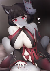 Rule 34 | 1girl, acullllll, animal ear fluff, animal ears, azur lane, bare shoulders, black hair, black kimono, breasts, cat mask, center opening, colored skin, criss-cross halter, detached sleeves, fingernails, gradient legwear, halterneck, highres, japanese clothes, kimono, large breasts, looking at viewer, mask, mask on head, nail polish, panties, red eyes, red legwear, red nails, red panties, sharp fingernails, short hair, sitting, sitting on person, spread legs, underwear, white skin, wide sleeves, yamashiro (azur lane), yamashiro (meta) (azur lane)