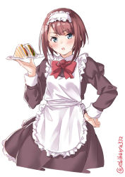 Rule 34 | 1girl, alternate costume, apron, ark royal (kancolle), blue eyes, blush, bob cut, ebifurya, flower, food, frills, hand on own hip, highres, kantai collection, long sleeves, looking at viewer, maid, maid apron, maid headdress, open mouth, puffy sleeves, red flower, red hair, red rose, rose, sandwich, short hair, simple background, solo, white background