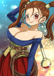 Rule 34 | 1girl, absurdres, blush, breasts, brown hair, cleavage, dragon quest, dragon quest viii, earrings, eyelashes, female focus, highres, jessica albert, jewelry, large breasts, lipstick, makeup, muramasa mikado, red eyes, shiny skin, solo, twintails, whip