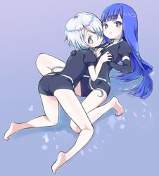 Rule 34 | 2others, amimi, androgynous, ass, barefoot, blue eyes, blue hair, blunt bangs, elbow gloves, gem uniform (houseki no kuni), ghost quartz (houseki no kuni), gloves, hair over one eye, hime cut, holding hands, houseki no kuni, lapis lazuli (houseki no kuni), long hair, looking at viewer, multiple others, necktie, short hair, smile, white eyes, white hair