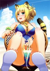 Rule 34 | 1girl, :d, absurdres, animal ears, armband, bare shoulders, beach, between breasts, bikini, blonde hair, blue bikini, blush, body blush, braid, breasts, cat ears, chair, cherry, covered erect nipples, day, drink, feet, fingernails, food, fruit, green eyes, hair over shoulder, hair up, highres, koume keito, large breasts, legs up, long hair, martini, nail polish, non-web source, open mouth, original, sandals, scan, sitting, smile, solo, swimsuit, tail, tiger ears, tiger tail, toenail polish, toenails, toes