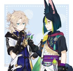 Rule 34 | 2boys, albedo (genshin impact), animal ear fluff, animal ears, aqua eyes, black gloves, black hair, blue shirt, closed mouth, coat, flower, fox boy, fox ears, fox tail, genshin impact, gloves, green hair, grey hair, hair between eyes, highres, holding, holding flower, hood, hood down, hooded coat, male focus, medal, multicolored hair, multiple boys, n oel, parted lips, shirt, simple background, streaked hair, tail, tassel, tighnari (genshin impact), twitter username, vision (genshin impact), yellow flower