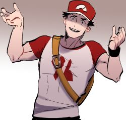 Rule 34 | 1boy, arms up, backpack, bad id, bad twitter id, bag, baseball cap, commentary, constricted pupils, creatures (company), denim, game freak, hat, jeans, kendy (revolocities), male focus, nintendo, pants, pokemon, pokemon sm, raglan sleeves, red (pokemon), red (pokemon sm), shaded face, shirt, smile, t-shirt, wristband