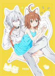Rule 34 | 1boy, 1girl, accelerator (toaru majutsu no index), ahoge, albino, ambiguous gender, androgynous, animal ears, arrow (symbol), bird, black choker, brown eyes, brown hair, cat, cat ears, cat tail, child, choker, collarbone, covering own mouth, dated, dress, duck, electrodes, full body, grey pants, hair between eyes, hand in own hair, hands up, kemonomimi mode, last order (toaru majutsu no index), long sleeves, looking at another, loose clothes, loose shirt, lying, motion lines, official alternate costume, on side, outline, pale skin, pants, polka dot, polka dot dress, red eyes, s m 831, sanpaku, shirt, short hair, signature, sitting, sleeveless, sleeveless dress, smile, tail, toaru majutsu no index, wariza, white hair, white outline, white shirt, yellow background