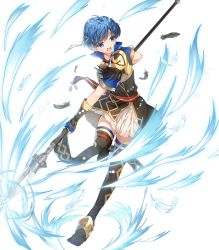 Rule 34 | 1girl, armor, belt, blue eyes, blue hair, blue thighhighs, boots, breastplate, dress, elbow gloves, feather trim, feathers, female focus, fingerless gloves, fingernails, fire emblem, fire emblem: the binding blade, fire emblem heroes, full body, gloves, gold trim, highres, holding, holding polearm, holding spear, holding weapon, matching hair/eyes, miwabe sakura, nintendo, official alternate costume, official art, open mouth, polearm, shanna (fire emblem), short dress, short hair, short sleeves, shoulder armor, skirt, solo, spear, thigh boots, thighhighs, transparent background, weapon, zettai ryouiki