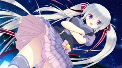 Rule 34 | 1girl, black jacket, blush, bow, breasts, crossed arms, game cg, gangsta republica, hair ribbon, house, jacket, large breasts, long hair, looking at viewer, miyasu risa, night, night sky, open clothes, open jacket, open mouth, outdoors, panties, pink bow, puffy sleeves, purple eyes, purple panties, purple shirt, purple skirt, purple thighhighs, red ribbon, ribbon, rindou misogi, shirt, short sleeves, skirt, sky, sleeveless, sleeveless jacket, smile, solo, source request, standing, star (sky), star (symbol), starry sky, teeth, thighhighs, twintails, underwear, white hair, wind, wind lift