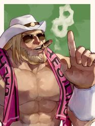 Rule 34 | 1boy, antonov (kof), armband, blonde hair, cigar, cowboy hat, green background, hat, highres, long sideburns, male focus, muscular, muscular male, oni gini, outside border, sideburns, smoking, snk, sunglasses, the king of fighters, upper body, white hat