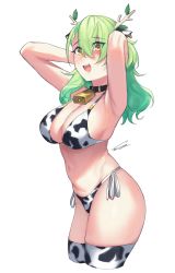 Rule 34 | 1girl, :d, animal print, antlers, arms behind head, arms up, bell, bikini, black collar, branch, breasts, ceres fauna, collar, cow print, cow print bikini, cowbell, cropped legs, dasdokter, from side, green hair, highres, hololive, hololive english, horns, large breasts, leaf, long hair, looking up, mole, mole under eye, navel, neck bell, open mouth, print bikini, side-tie bikini bottom, signature, simple background, smile, solo, stomach, swimsuit, thighhighs, virtual youtuber, wavy hair, white background, yellow eyes