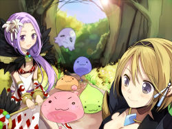 Rule 34 | 2girls, :3, argyle, argyle clothes, argyle dress, bangle, black dress, blonde hair, blue ribbon, blush, bra, bracelet, breasts, brown hairband, cleavage, closed mouth, commentary request, cowboy shot, crystal, day, detached sleeves, dress, drops (ragnarok online), flower, forest, fur collar, ghost, ghostring, grass, hair flower, hair ornament, hair ribbon, hairband, holding, holding staff, jewelry, lens flare, long hair, looking at another, looking to the side, marin (ragnarok online), multiple girls, nature, open mouth, outdoors, poporing, poring, purple eyes, purple hair, ragnarok online, red bra, ribbon, sasai saki, short hair, sleeveless, sleeveless dress, slime (creature), small breasts, smile, sorcerer (ragnarok online), staff, sun, tree, underwear, warlock (ragnarok online), white dress, white flower, white sleeves