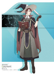 Rule 34 | 1boy, belt, book, boots, cape, character name, fire emblem, fire emblem awakening, glasses, gloves, hat, holding, holding book, laurent, male focus, muni inno, muno inno, nintendo, quill, red eyes, red hair, robe, solo, wizard, wizard hat