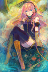 Rule 34 | 1girl, ame yamori, bad id, bad pixiv id, bare shoulders, blue eyes, boots, cross-laced footwear, faux traditional media, headset, knee boots, lace-up boots, crossed legs, long hair, megurine luka, pink hair, sitting, solo, thighhighs, vocaloid