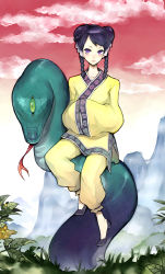 Rule 34 | black hair, blush, braid, chinese clothes, cloud, double bun, flats, hitowa, monster, mountain, purple eyes, sky, sleeves past wrists, snake, solo, twin braids